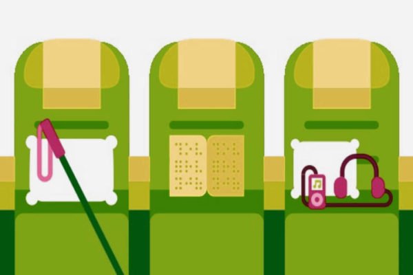 Butacas de avión con elementos para discapacidad.